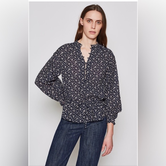 JOIE Senaya Blouse Popover Floral Waist Tie Blouson Top Prairie Peasant Ruffle S - Picture 1 of 11